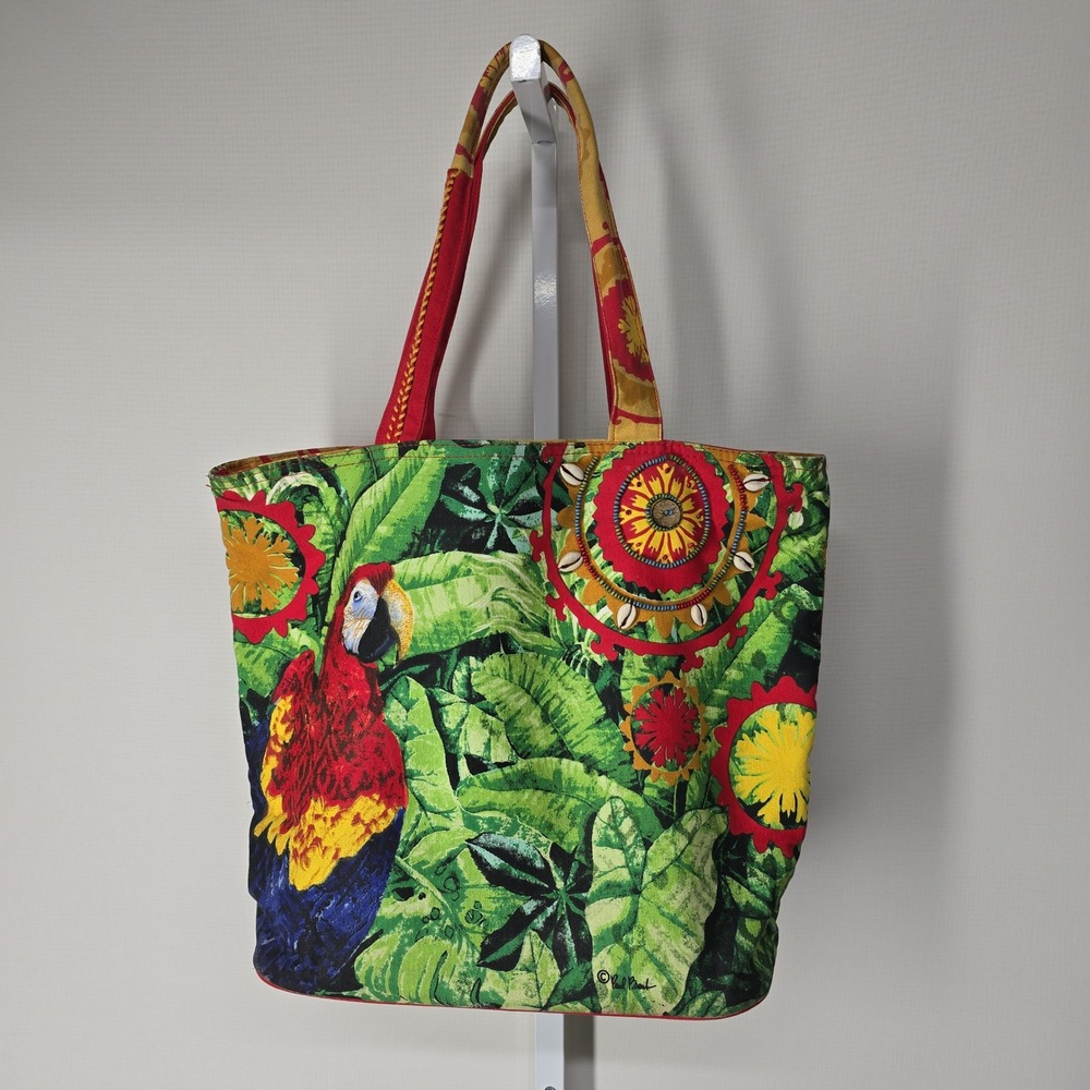 Paul Brent Tropical‎ Parrot Canvas Tote Bag Green Red Beaded Shell Accents